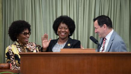 Asm. McKinnor being sworn in by Speaker Rendon