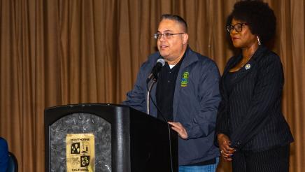 Hawthorne Mayor Alex Vargas at podium, speaking