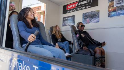 Asm. McKinnor trying out Safe-T-Proof earthquake simulator