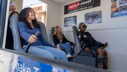 Asm. McKinnor trying out Safe-T-Proof earthquake simulator
